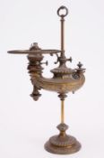 A 19th century brass Colza adjustable oil lamp in the form of a Roman lamp mounted on a central