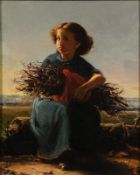 Circle of John James Hill [1811-1882] The Young Faggot Gatherer; a young girl seated in a