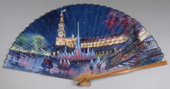 A 20th century Spanish fan, the paper leaf painted with a daytime view of Seville and a night time