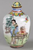 A 19th century Chinese enamel snuff bottle and lid, decorated with figures of a mother and