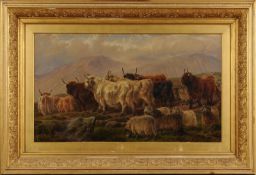 Charles Jones [1836-1892] Highland cattle and sheep in an upland landscape, signed with a monogram