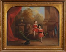 Circle of Sir Francis Grant [1803-1878] Two boys playing with a rocking horse on a palladian veranda