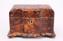 A 19th century blonde tortoiseshell tea caddy the front of double concave outline, with shallow