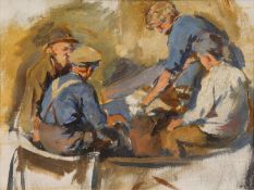 Attributed to Stanhope Alexander Forbes [1857-1947] Fishermen repairing nets oil sketch on canvas