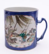 A Chinese famille verte and powder blue tankard of cylindrical form with overlapping strap handle,