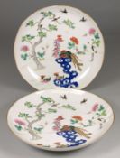 A pair of Chinese saucer dishes painted in famille rose enamels with phoenix, other birds and