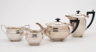 A George V silver four piece tea set, maker Elkington & Co Ltd, Birmingham 1914, the hot water jug
