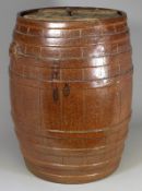 A large salt glazed stoneware storage vessel in the form of a hooped barrel, 62cm high, with