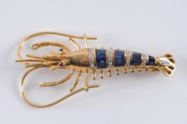 A sapphire and diamond mounted crayfish brooch set with calibre-cut sapphires and circular-cut