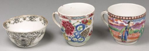 Two Chinese export coffee cups and a teabowl one painted with the quail pattern, the other with