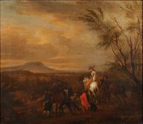 Follower of Philip Wouwerman [18th Century] The Hunting Party an elegant lady on a grey horse with