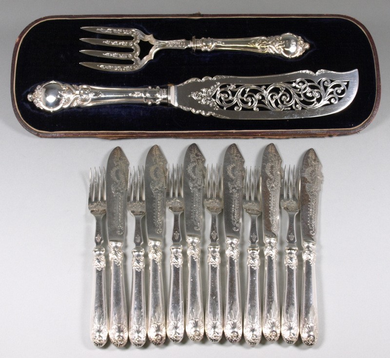 A pair of Victorian silver fish servers, maker J G, Birmingham, 1857, the blade and tines with