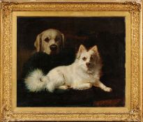 Attributed to Lilian Cheviot [fl.1890-1930] A Pomeranian Cross and a Yellow Labrador in an