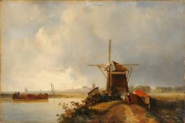 Circle of Charles H.J. Leickert [Belgian 1818-1907] A Dutch canal scene with a figure before a