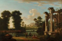 Circle of Richard Wilson [1713-1782] An elegant party by classical ruins, punt on a river and