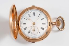 A gentleman’s quarter repeat 14ct gold hunter pocket watch with circular white enamel dial, 46mm
