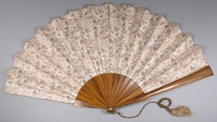 A French zebra wood fan, the cotton leaf with printed hunting scene pattern, with zebra wood