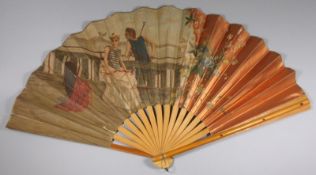 A late 19th early 20th Century Italian fan, the paper leaf decorated with bathers in the Bay of