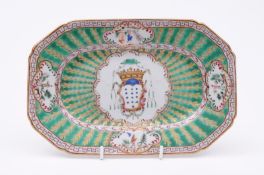A Chinese porcelain armorial dish, for the Portuguese market of canted rectangular form, the central