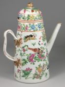 A Canton coffee pot and cover of conical form with domed cover and interlocking strap handle,