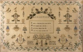 A 19th Century needlework acrostic sampler, worked by Emma Ham, undated, titled ‘Acrostick’ (sic)