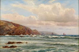 Arthur Wilde Parsons [fl.1867-1904] An extensive coastal landscape a sailing schooner heading out to