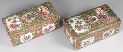 Two Canton famille rose fan boxes and covers each of rectangular form with divided interior, painted