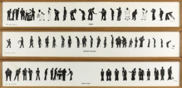 After A M Hughes - Sunday Rounds, Defaulters and Grog, three framed silhouette caricatures of