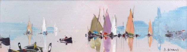 D. Deakins [20th Century] - Shipping in a calm harbour - signed oil on board 114 x 50cm.