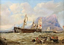 W Harrison (19/20th century) Shipping off Gibraltar signed oil on board 17 x 25cm.