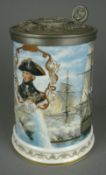 A Royal Worcester porcelain `Nelsons Victory at Trafalgar` pewter lidded tankard.