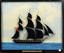 A 19th Century reverse-glass picture `H.M.S. Maidstone 1825` set full sail with Red ensign,