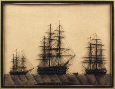 A 19th Century reverse-glass silhouette picture of `H.M.S. Marlborough`, set at anchor with standing