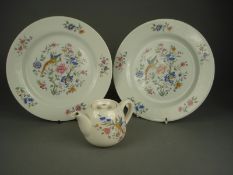 Furness Bermuda Line - two dinner plates and small teapot by Royal Doulton, with polychrome transfer