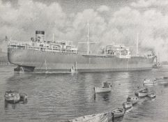 British School early 20th Century - Cargo ship in harbour - pencil drawing heightened with white