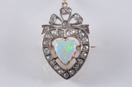 A late 19th century gold, opal and diamond heart-shaped brooch with central heart-shaped opal within