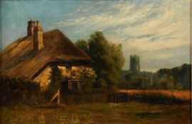 • Arthur Meade [c.1963-1947] Village scene with thatched cottage and view to a church signed