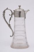 An Edward VII silver mounted clear glass claret jug, maker JR, Sheffield, 1902, of inverted