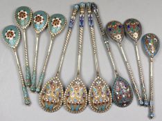 A Russian silver and enamel decorated spoon, the fig shaped bowl decorated with foliate designs,
