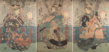 After Keisai Yeisen a triptych, Cherry Blossom Festival at Night depicting courtesans standing under