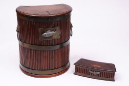 A late 18th/early 19th century mahogany and brass bound fishing creel, of bowed and reeded
