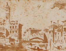 Attributed to Francesco Guardi [1712-1793] A Venetian backwater pen, brown ink and wash drawing 18.5