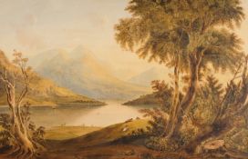Circle of Francis Nicholson [1753-1844] Upland lake scene, cattle in the foreground, view to boats