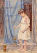 Attributed to Henry Ryland [1856-1924] Samuel in the Temple tending an oil lamp signed with a