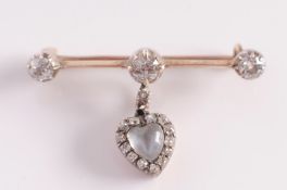A gold, diamond and moonstone heart shaped pendant bar brooch, the knife-edge bar brooch with