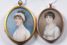 English School circa 1800 Two miniatures of young ladies each head and shoulders one with short dark