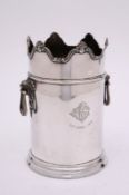 A George V silver wine bottle or soda syphon holder, maker Lee & Wigfull, Sheffield, 1913, of