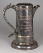 An Old Sheffield plated flagon, early 19th Century of tapered cylindrical form, scroll handle on a
