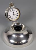 A George V silver capstan inkwell and timepiece, the inkwell maker A & J Zimmerman Ltd,
