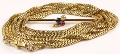 A 9ct gold box-link guard chain 15cm long and a 9ct gold and paste-set bar brooch, 26.9gm total